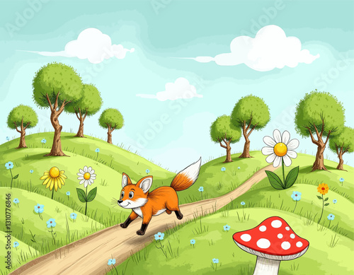 Cartoon fox running on green hillside path with flowers