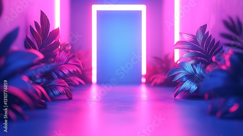 Neon corridor with tropical plants, product showcase, abstract background