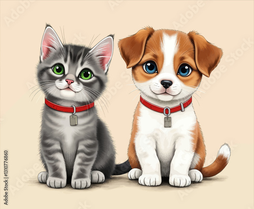 Cartoon Kitten and Puppy Portraits with Red Collars