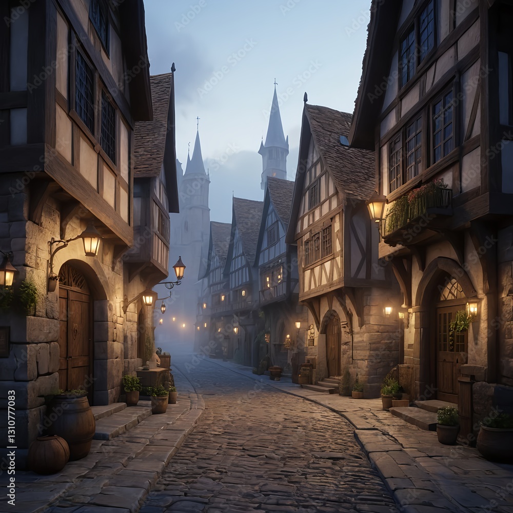 Fototapeta premium Medieval Town Street at Dusk
