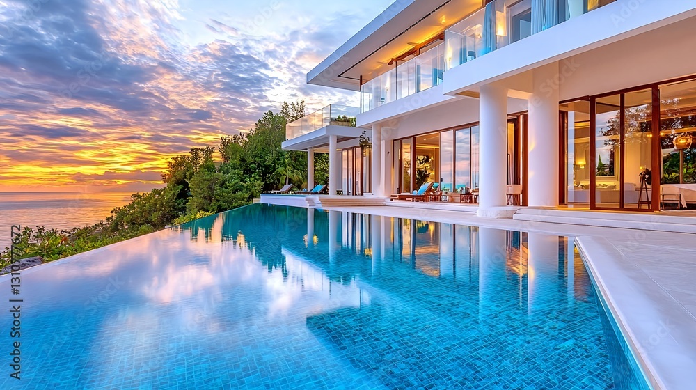 Obraz premium Luxury Oceanfront Villa Sunset Pool - Luxury Travel