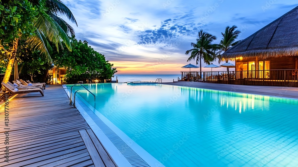 Obraz premium Luxury Resort Pool at Sunset, Maldives - Tropical escapes