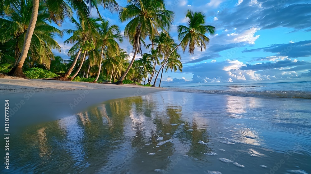 Obraz premium Tropical Beach Paradise: Palm Trees & Ocean - Travel and Vacation
