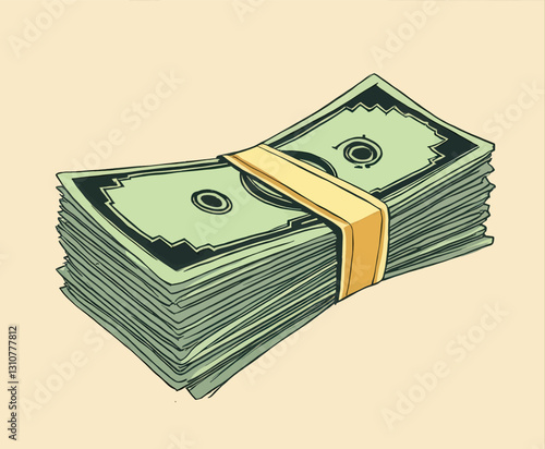 Cartoon stack of green bills with gold band