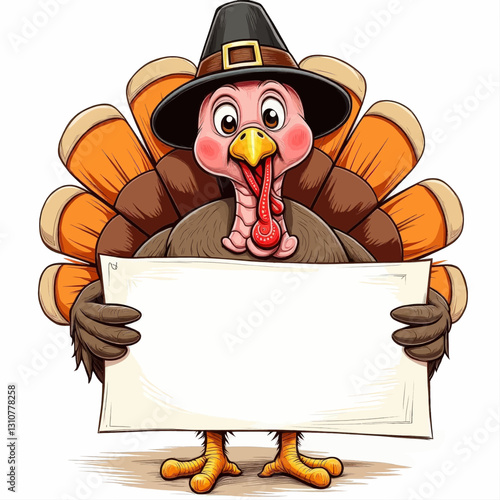 Cartoon turkey pilgrim holding blank sign
