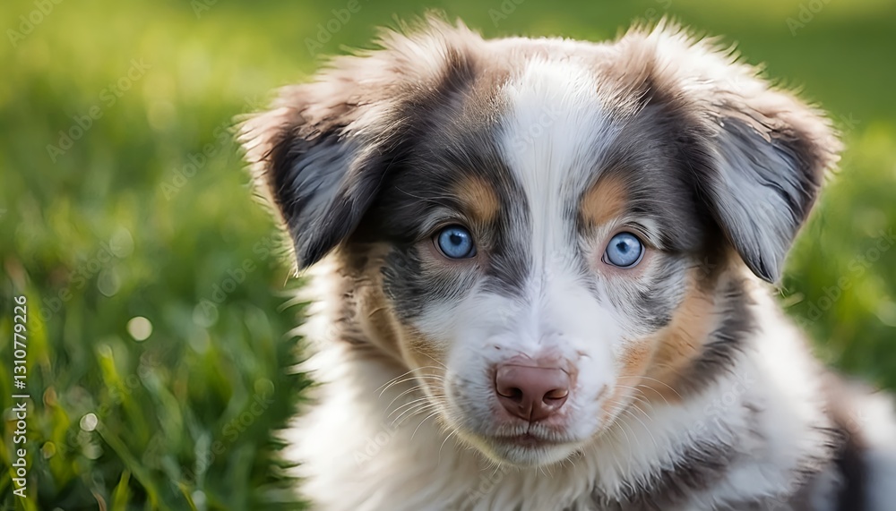 Adorable Blue-Eyed Aussie Puppy in Green Grass Adorable Blue-Eyed Aussie Puppy in Green Grass