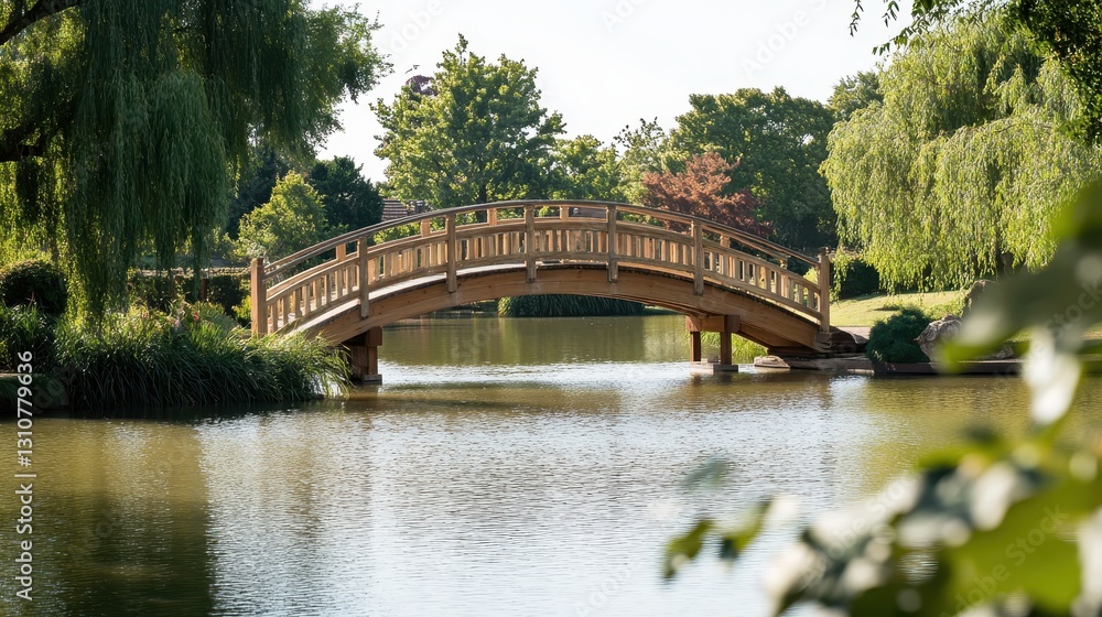 Obraz premium Scenic Wooden Bridge Over Calm Water Surrounded by Lush Greenery