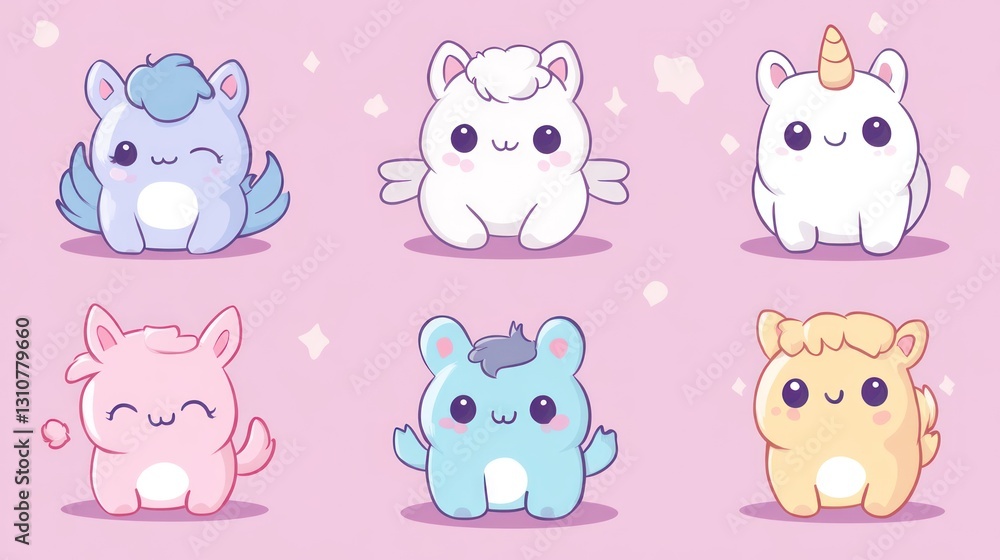 Fototapeta premium Adorable cartoon illustrations of six small whimsical and colorful creatures