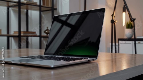 Wallpaper Mural Side angle of a laptop on a wooden desk with a green screen, ideal for video editing or presentations in a modern office setting. Torontodigital.ca