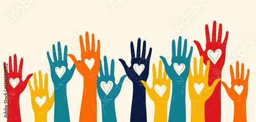 Colorful hands raised with hearts for love and support