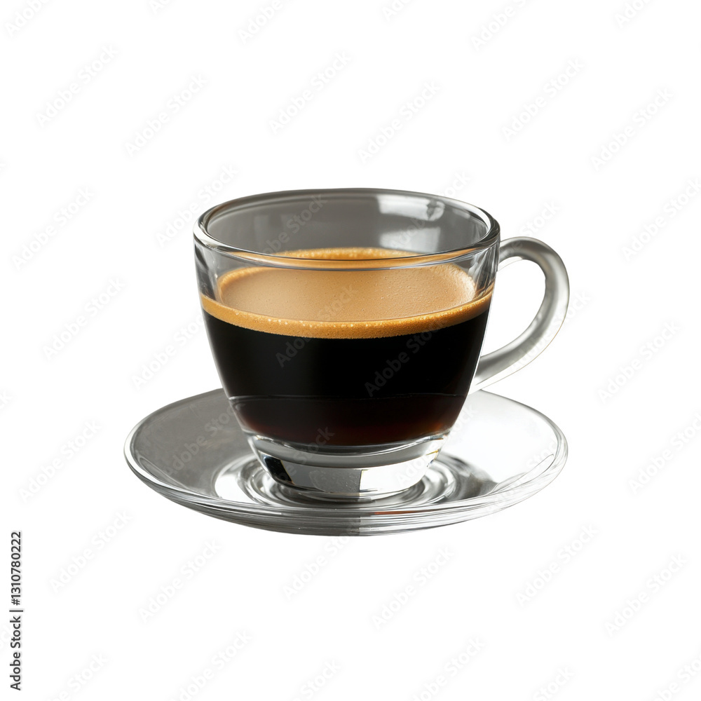 Elegant Espresso in Clear Glass Cup with Saucer on White Background Elegant Espresso in Clear Glass Cup with Saucer on White Background