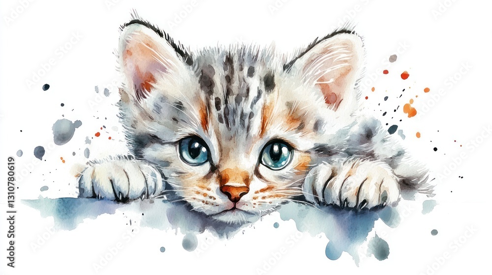 Fototapeta premium Adorable Watercolor Painting Depicting a Playful Little Kitten with Blue Eyes