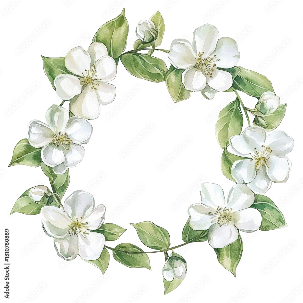 Fototapeta premium Delicate White Floral Wreath with Green Foliage on Transparent Background