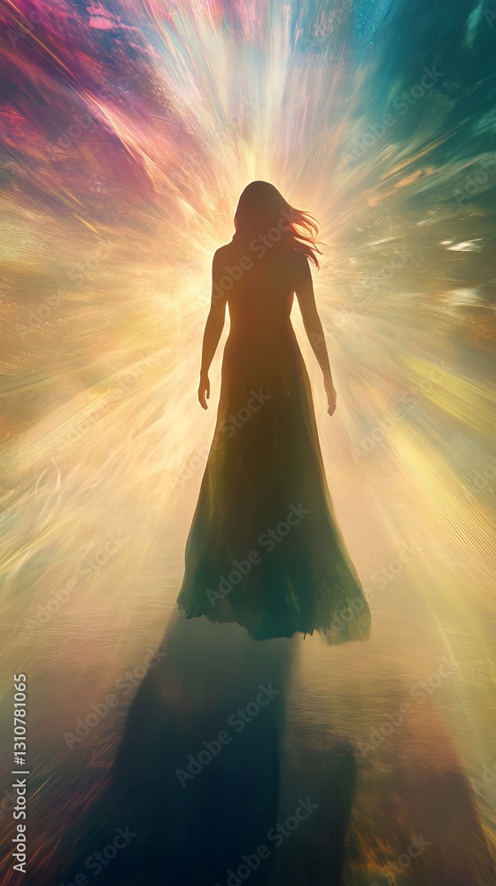 Ethereal Figure Emerging from Colorful Cosmic Background Ethereal Figure Emerging from Colorful Cosmic Background