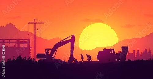 Wallpaper Mural Construction site at sunset, silhouettes of workers and machinery Torontodigital.ca