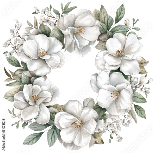 Elegant White Floral Wreath with Green Leaves and Blossoms