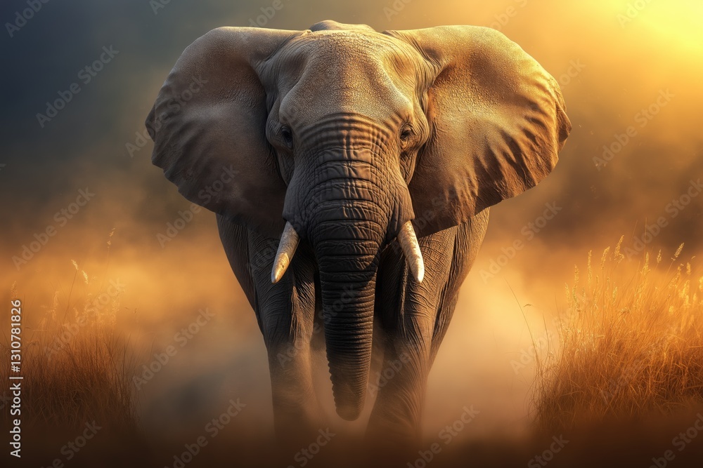 Fototapeta premium A giant elephant in the African savannah, with golden grass covered with dry dust against the background of the sun.