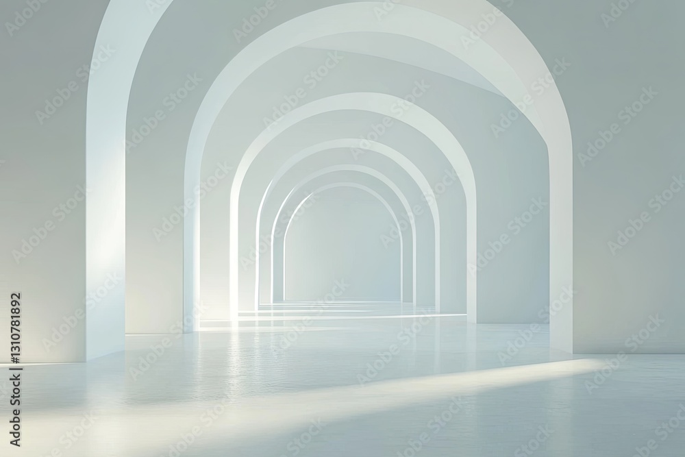 Fototapeta premium Empty white arched hallway, leading to light
