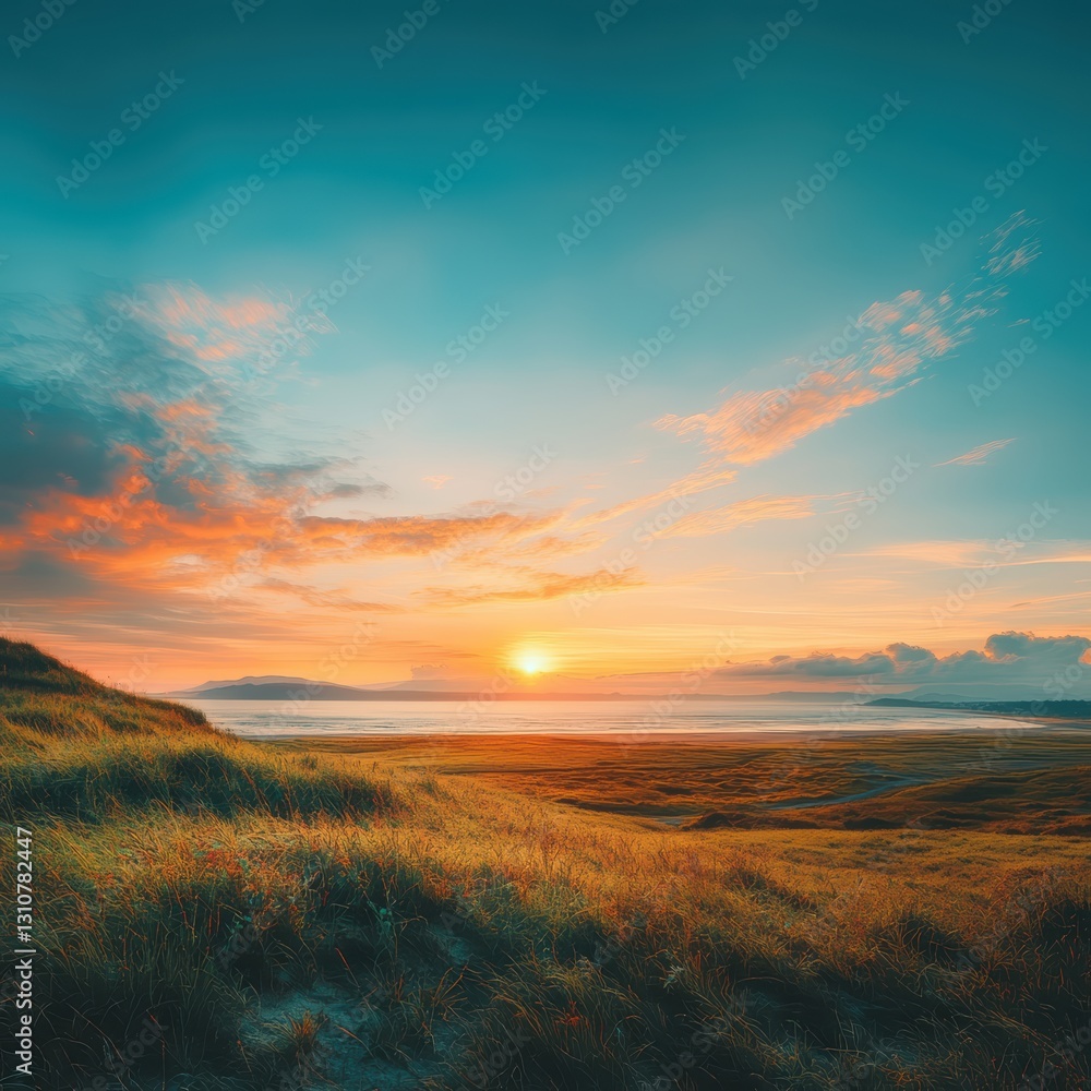 Fototapeta premium Serene sunrise over grassy plains.