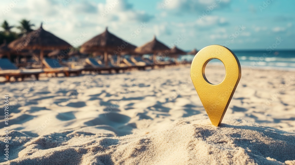 Golden location pin indicating a tropical beach destination with sunbeds and umbrellas under a sunny sky Golden location pin indicating a tropical beach destination with sunbeds and umbrellas under a sunny sky