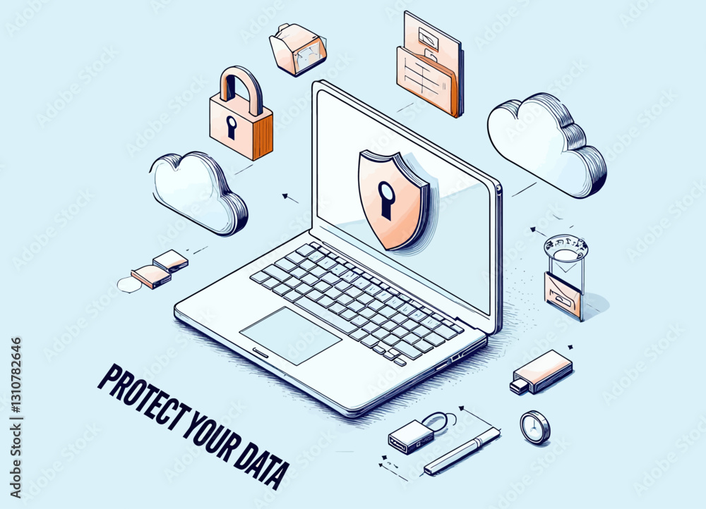 Cyber Security Isometric Composition with Laptop Shield and Cloud