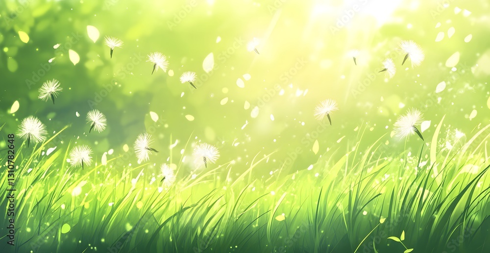 Obraz premium Spring meadow, dandelions, floating seeds, sunlight