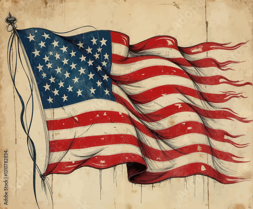 Distressed waving American flag illustration