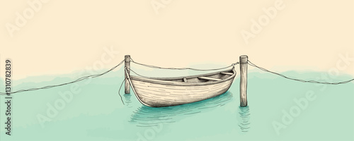 Docked Rowboat Etching in Serene Waterscape