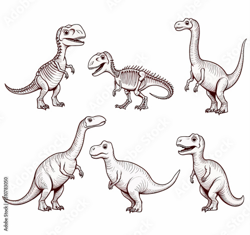 Dinosaur line art: T-Rex skeletons and Brontosaurus sketch