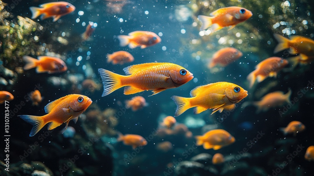 Fototapeta premium Numerous small orange fish swimming in a clear underwater environment