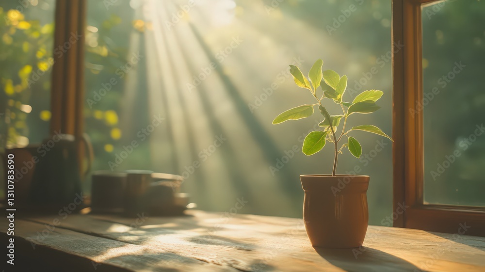 Fototapeta premium Sunlight Illuminates Small Plant in Terracotta Pot on Wooden Window Sill