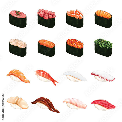 Semi real sushi set element handdrawn graphic on white background