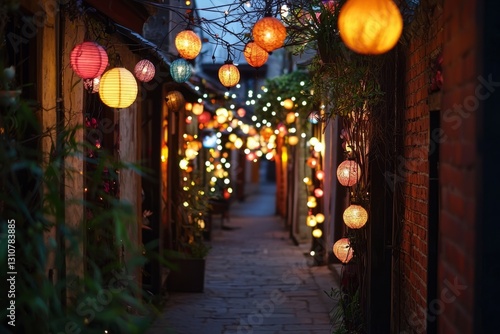 A narrow alleyway filled with handmade lanterns of different shapes and colors. The glow of the lights gives the street a warm and cozy feel