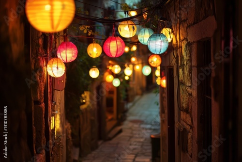 A narrow alleyway filled with handmade lanterns of different shapes and colors. The glow of the lights gives the street a warm and cozy feel