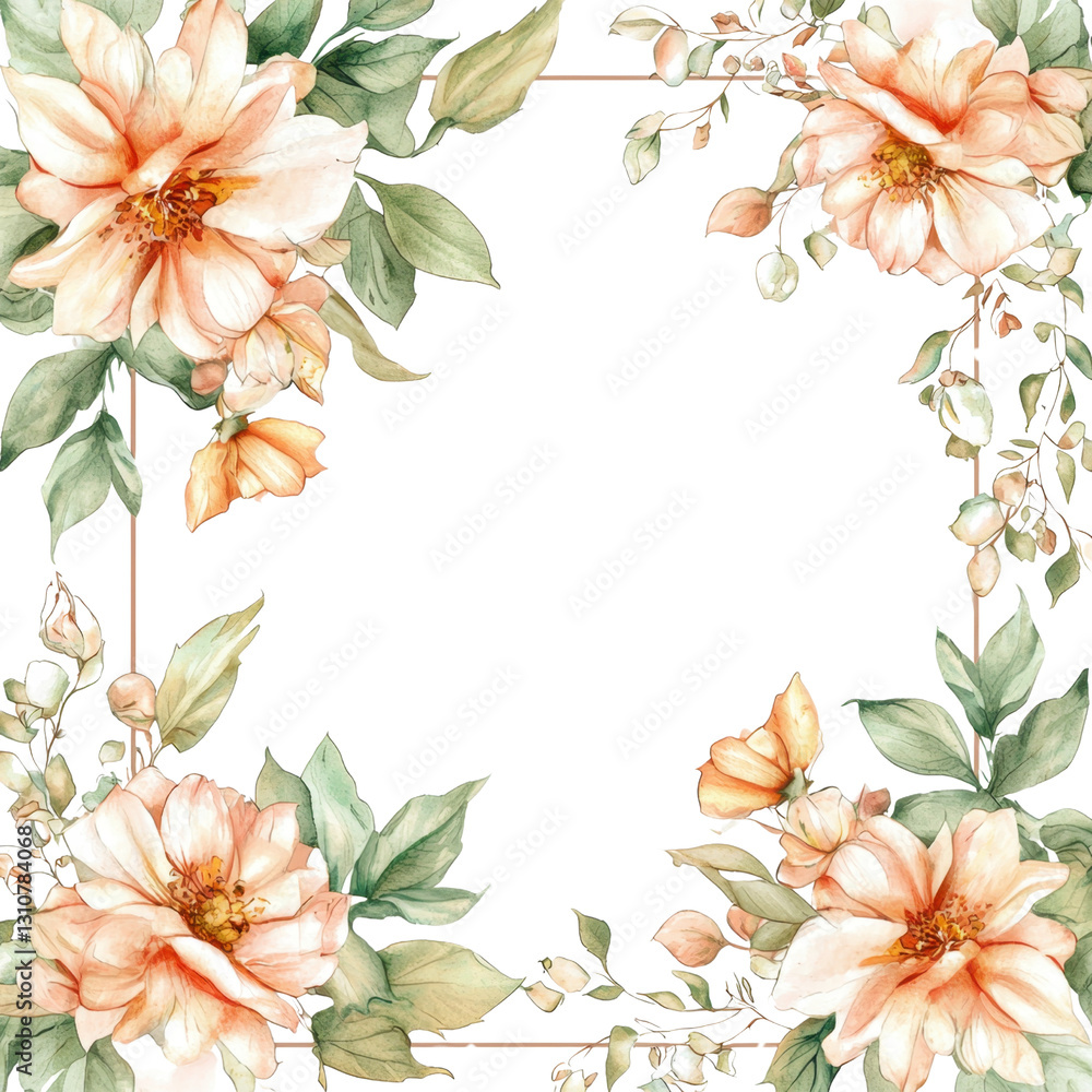 Obraz premium Elegant Floral Frame with Soft Peach Flowers and Green Leaves