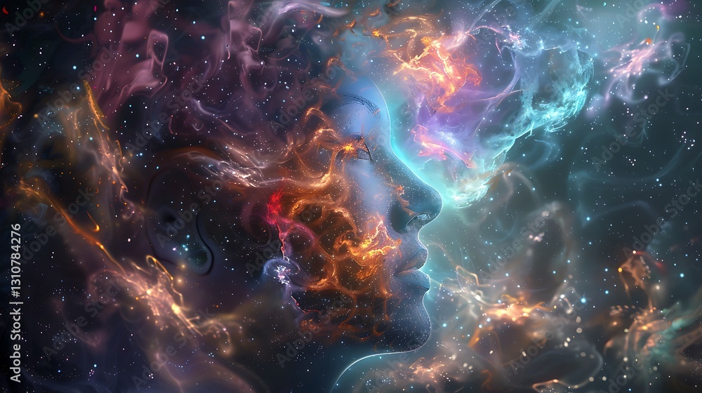 Fototapeta premium Cosmic Dreams: Abstract Portrait of Woman Surrounded by Ethereal Space Elements