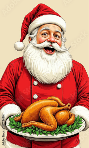 Festive Santa chef presents roast turkey dinner