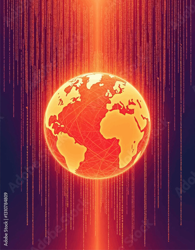 Fiery Earth Globe with Digital Rain Effect
