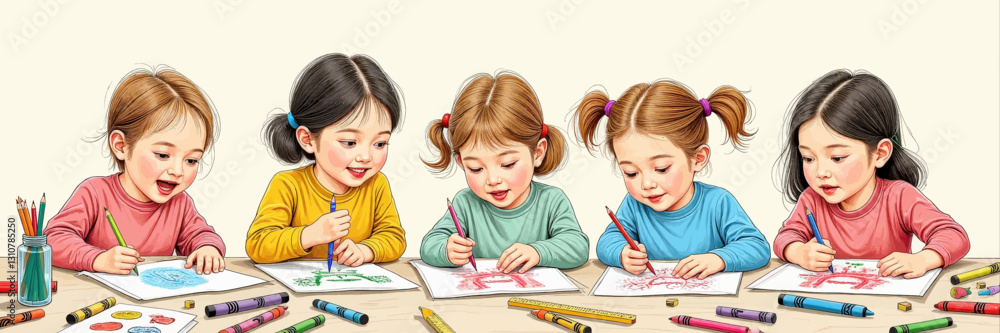 Five Young Children Drawing with Crayons at a Table Five Young Children Drawing with Crayons at a Table
