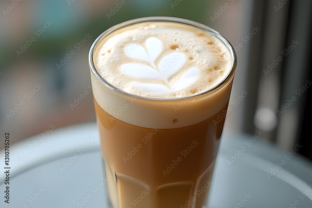 Iced coffee in a clear glass. Behind is a garden window Iced coffee in a clear glass. Behind is a garden window