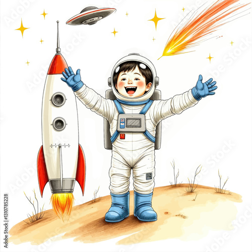 Excited Child Astronaut with Rocket, Comet, and UFO