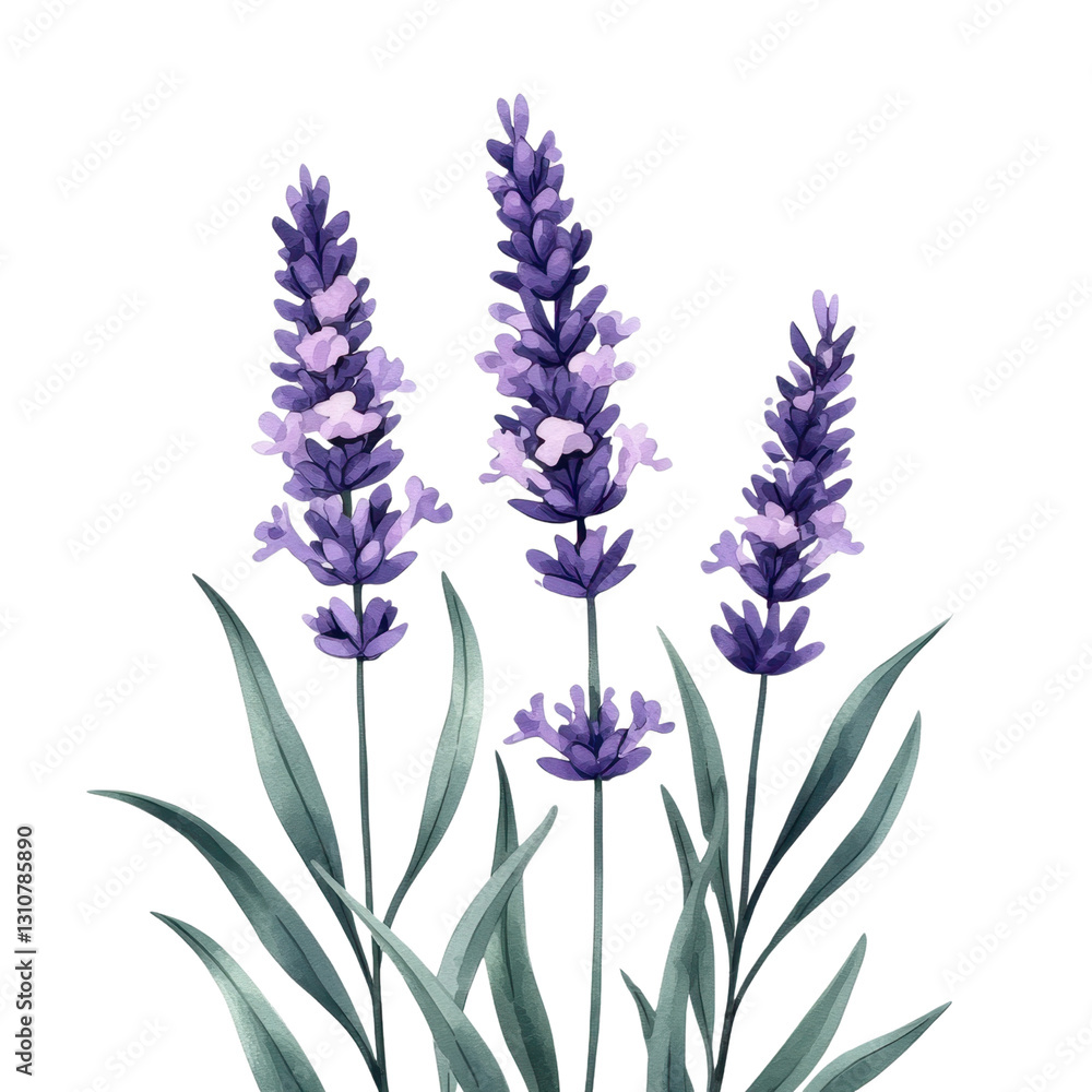 Naklejka premium Vibrant Lavender Flowers with Green Leaves Against White Background