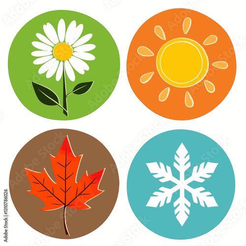 Four Seasons Icon Set with Daisy, Sun, Leaf, Snowflake