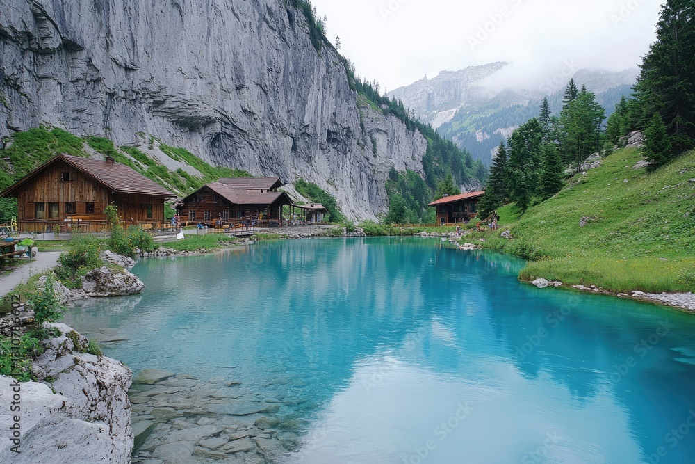 Fototapeta premium Alpine lake reflections with wooden chalets