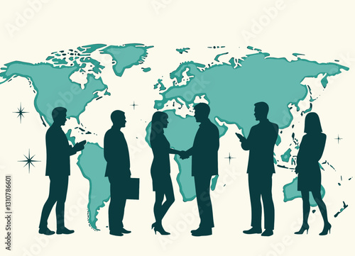 Global business meeting handshake with map silhouette