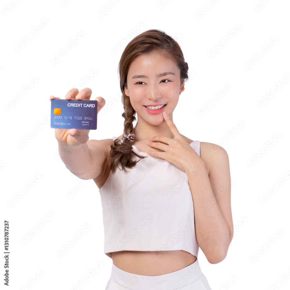 Smiling Young Woman Holding Credit Card Forward in a Confident Pose, Promoting Online Payment, Financial Services, and Modern Cashless Transactions isolated on a transparent background Smiling Young Woman Holding Credit Card Forward in a Confident Pose, Promoting Online Payment, Financial Services, and Modern Cashless Transactions isolated on a transparent background