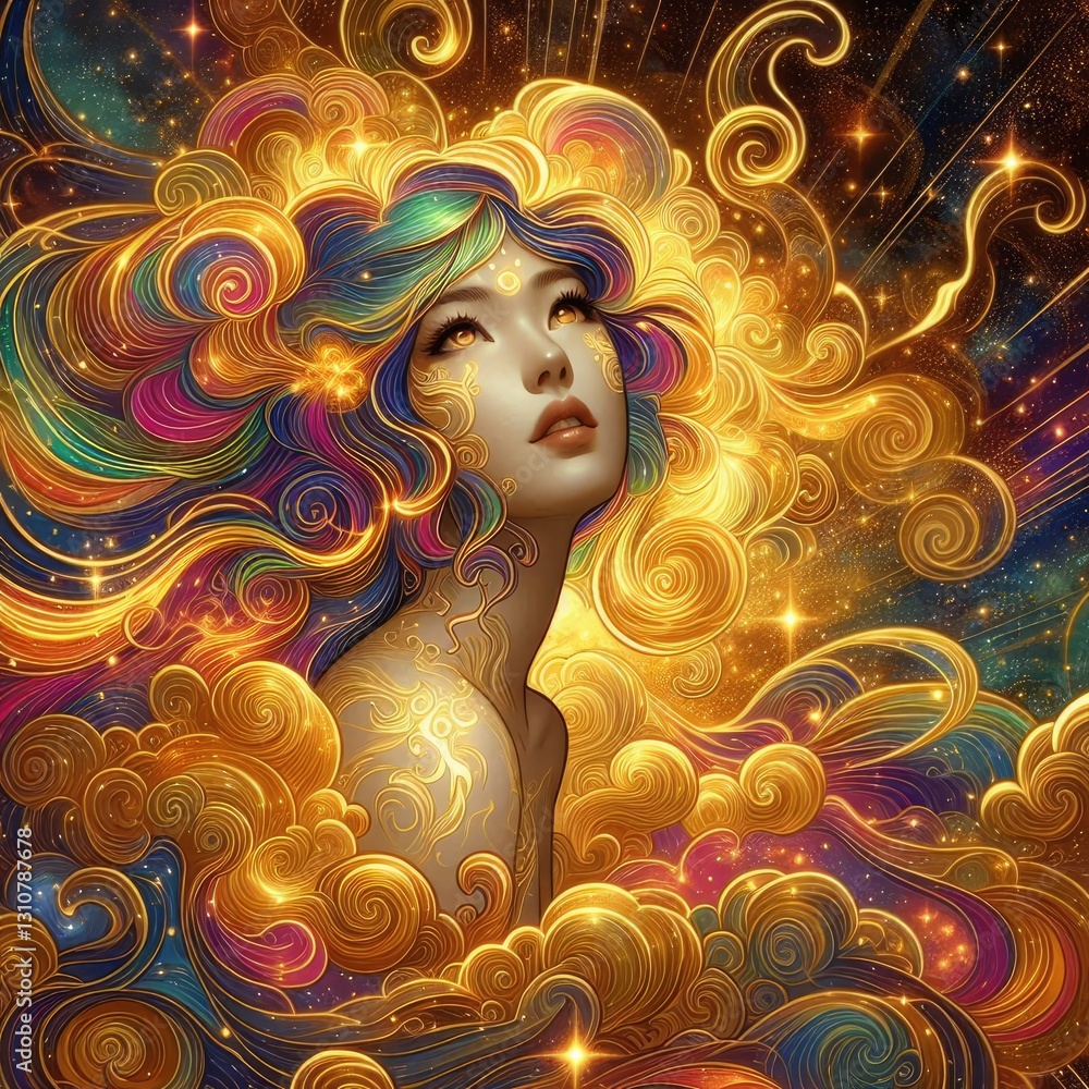 Ethereal Fantasy Goddess with Flowing Rainbow Hair in a Cosmic Sky with Generative AI. Ethereal Fantasy Goddess with Flowing Rainbow Hair in a Cosmic Sky with Generative AI.
