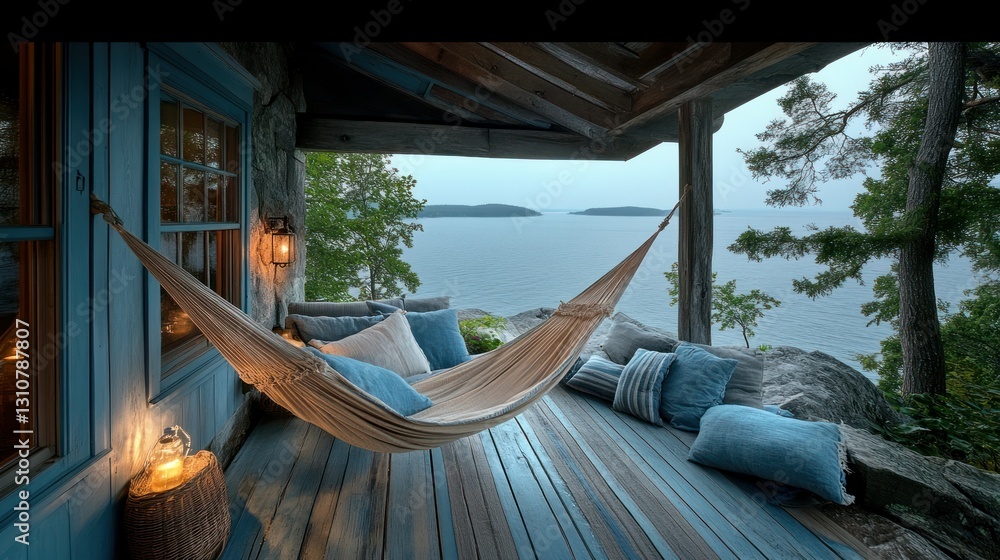 Fototapeta premium Lakeside cabin porch hammock