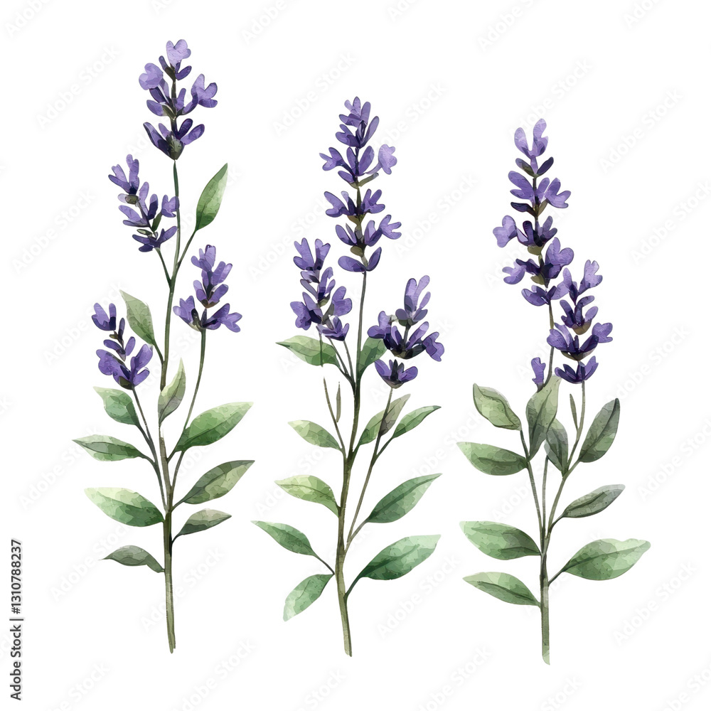 Fototapeta premium Beautiful Lavender Flowers with Green Leaves Isolated on White Background