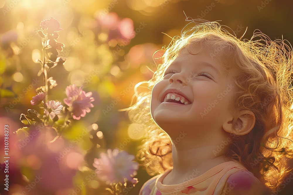 Fototapeta premium A young girl with curly hair is smiling and looking up at the sky